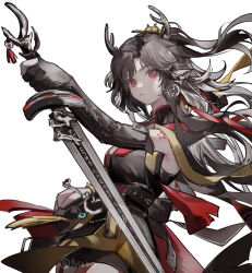 Rule 34 | 1girl, animal ears, antlers, arknights, belt, black dress, black gloves, black hair, closed mouth, cowboy shot, deer antlers, deer ears, deer girl, dress, earrings, elbow gloves, gloves, highres, holding, holding sword, holding weapon, horns, jewelry, long hair, looking at viewer, mido (mido chen), multicolored hair, qiubai (arknights), red eyes, shoulder tattoo, simple background, solo, streaked hair, sword, tattoo, twitter username, two-tone hair, very long hair, weapon, white background, white hair