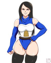 Rule 34 | absurdres, black eyes, bodysuit, commissioner upload, elbow gloves, fingerless gloves, gloves, hand on own hip, highres, long hair, looking at viewer, original, saiyan, skindentation, smirk, tail, thick thighs, thighhighs, thighs, toned