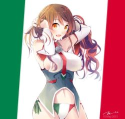 Rule 34 | 10s, 1girl, arms up, blush, breasts, brown hair, corset, curvy, female focus, italian flag, italy, kantai collection, large breasts, littorio (kancolle), long hair, looking at viewer, lowres, navel, open mouth, orange eyes, panties, print panties, simple background, smile, solo, striped, striped background, tebi (tbd11), underwear