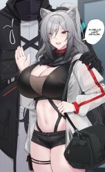 Rule 34 | 1boy, 1girl, :d, absurdres, animal ears, arknights, bag, black jacket, black scarf, black shorts, breasts, cat ears, choker, cleavage, commentary, cowboy shot, crop top, doctor (arknights), english text, grey hair, hair over one eye, highres, huge breasts, jacket, kanta (kanta 077), long hair, long sleeves, looking at viewer, midriff, navel, open clothes, open jacket, open mouth, red choker, scarf, schwarz (arknights), short shorts, shorts, smile, speech bubble, standing, stomach, thigh strap, thighs, white jacket, yellow eyes