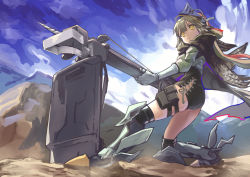 Rule 34 | 1girl, arknights, armor, ass, ballistic shield, bird girl, blue sky, blunt bangs, bow (weapon), brown cape, cape, closed mouth, cloud, cloudy sky, concentrating, crossbow, fartooth (arknights), feather hair, from below, furrowed brow, ganemu (0912015), gauntlets, greaves, green shirt, grey hair, gundam, gundam 08th ms team, high-waist shorts, highres, holding, holding crossbow, holding weapon, hood, hood down, hooded cape, long sleeves, looking ahead, mountain, outdoors, pouch, puffy long sleeves, puffy sleeves, scene reference, shield, shining shoot (pose), shirt, shorts, sky, solo, standing, thigh pouch, thigh strap, thighs, visor (armor), weapon, yellow eyes