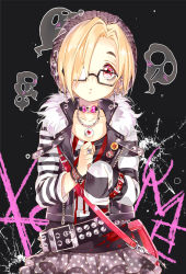 Rule 34 | 10s, 1girl, bad id, bad pixiv id, badge, bag, bags under eyes, belt, blonde hair, blood, blood splatter, blush, button badge, chain, character name, earrings, eyeball, fur trim, glasses, hair over one eye, hat, hoshii hisa, idolmaster, idolmaster cinderella girls, jacket, jewelry, looking at viewer, necklace, open clothes, open jacket, open mouth, print skirt, red eyes, ring, shirasaka koume, short hair, skirt, sleeves past wrists, solo, star (symbol), star print, striped, striped sleeves
