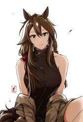 Rule 34 | 1girl, absurdres, animal ears, arknights, black tank top, breasts, brown hair, coat, ezraqi, green eyes, hair between eyes, highres, horse ears, horse girl, horse tail, long hair, looking at viewer, medium breasts, meteor, meteor (arknights), open clothes, open coat, simple background, solo, tail, tank top, white background