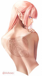 Rule 34 | 1girl, back, back focus, back tattoo, from behind, long hair, looking at viewer, looking back, nude, original, pink hair, profile, purple eyes, simple background, solo, straight hair, sushi (sashimise), tattoo, twitter username, upper body, white background