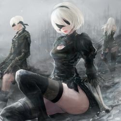 Rule 34 | 1boy, 2girls, back, bare shoulders, belt buckle, black dress, black thighhighs, blindfold, boots, breasts, buckle, covered eyes, dress, highres, lips, long hair, medium breasts, mole, mole under mouth, multiple girls, nier, nier (series), nier:automata, pale skin, panties, short hair, shorts, sitting, thigh boots, thighhighs, thighs, underwear, white hair, yamamoto no ari, 2b (nier:automata), 9s (nier:automata), a2 (nier:automata)