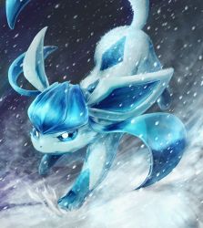 Rule 34 | absurdres, blue eyes, commentary request, creatures (company), game freak, gen 4 pokemon, glaceon, highres, huge filesize, ka-neito, nintendo, no humans, outdoors, parted lips, pokemon, pokemon (creature), snow, snowing, solo, toes