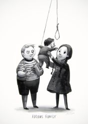 Rule 34 | 1girl, 2boys, addams family, baby, black dress, black hair, braid, brother and sister, commentary, copyright name, dress, english text, facial hair, fat, fat man, full body, greyscale, holding baby, koto inari, monochrome, multiple boys, mustache, noose, pantyhose, pubert addams, pugsley addams, shirt, shorts, siblings, simple background, smile, solid circle eyes, standing, striped clothes, striped shirt, twin braids, wednesday addams, white background