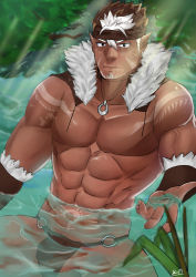 Rule 34 | 1boy, abs, absurdres, bad id, bad pixiv id, bara, brown hair, dark skin, dark-skinned male, earrings, facial hair, facial mark, fur trim, hair between eyes, highres, jewelry, loincloth, looking at viewer, male focus, multicolored hair, muscular, necklace, o-ring, outdoors, pointy ears, samo nosuke, sitting, solo, tattoo, tokyo houkago summoners, two-tone hair, water, white hair