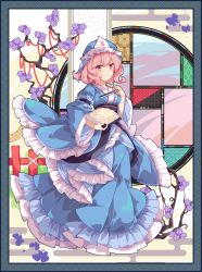 Rule 34 | 1girl, arm garter, arm up, asa no ha (pattern), blue hat, blue kimono, border, branch, bug, butterfly, commentary, egasumi, fence, flower, folded fan, folding fan, grey border, hand fan, hat, highres, holding, holding fan, insect, japanese clothes, kimono, light frown, long sleeves, looking at viewer, mechrailgun, mob cap, pink eyes, pink hair, round window, saigyouji yuyuko, seigaiha, short hair, solo, standing, touhou, triangular headpiece, window, wooden fence