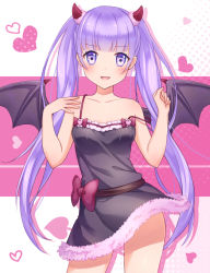 1girl :d black_dress black_wings blush bow breasts collarbone contrapposto cowboy_shot demon_girl demon_wongs dress female_focus heart horns long_hair new_game! off_shoulder open_mouth purple_bow purple_eyes purple_hair short_dress sleeveless sleeveless_dress small_breasts smile solo standing suzukaze_aoba twintails very_long_hair wings yukise_akito