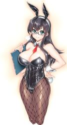 Rule 34 | 1girl, puff of air, alternate breast size, alternate costume, animal ears, black hair, black leotard, breasts, cleavage, clipboard, detached collar, fishnet pantyhose, fishnets, glasses, green eyes, hand on own hip, highres, hiyohiyo, kantai collection, large breasts, leotard, long hair, looking at viewer, necktie, new year, ooyodo (kancolle), pantyhose, playboy bunny, rabbit ears, rabbit tail, red necktie, semi-rimless eyewear, simple background, smirk, solo, strapless, strapless leotard, tail, under-rim eyewear, white background, wrist cuffs