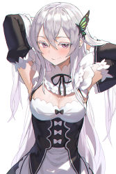 Rule 34 | 1girl, alternate costume, arm up, ass, bare shoulders, blush, breasts, butterfly hair ornament, colored eyelashes, commentary, detached collar, detached sleeves, echidna (re:zero), enmaided, hair between eyes, hair ornament, highres, long hair, looking at viewer, lying, maid, medium breasts, photoshop (medium), purple eyes, re:zero kara hajimeru isekai seikatsu, roswaal mansion maid uniform, seon (seonon ), smile, solo, thighhighs, white hair, white thighhighs, wide sleeves