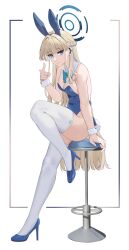 Rule 34 | 1girl, animal ears, bare shoulders, blonde hair, blue archive, blue footwear, blue hair, bow, bowtie, braid, breasts, cleavage, detached collar, earpiece, fake animal ears, full body, gaitoou, halo, high heels, highres, leotard, long hair, looking at viewer, medium breasts, multicolored hair, playboy bunny, rabbit ears, sitting, solo, stool, streaked hair, thighhighs, toki (blue archive), toki (bunny) (blue archive), two-tone hair, v, white thighhighs, wrist cuffs