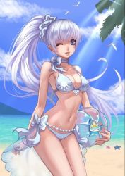 Rule 34 | 1girl, ball, beach, bikini, blue eyes, breasts, choker, cleavage, covered erect nipples, long hair, looking at viewer, medium breasts, navel, one eye closed, parted lips, ponytail, purple hair, rwby, smile, solo, standing, swimsuit, weiss schnee, white hair, wink