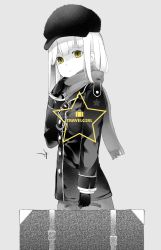 Rule 34 | 1girl, black gloves, gloves, grey background, hat, highres, jacket, long hair, looking at viewer, monochrome, original, saryuu (iriomote), scarf, solo, suitcase, yellow eyes
