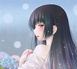 Rule 34 | 1girl, black hair, blush, embarrassed, enma ai, fingernails, flower, from behind, highres, hydrangea, japanese clothes, jigoku shoujo, kimono, kozue akari, long hair, looking at viewer, looking back, outdoors, parted lips, profile, rain, red eyes, sideways glance, sideways mouth, solo, undressing, upper body, wet, wet hair, white kimono