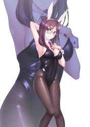 Rule 34 | 1girl, animal ears, arm behind head, armpits, bare shoulders, black leotard, black pantyhose, breasts, cleavage, collarbone, commentary request, detached collar, fake animal ears, glasses, hairband, hand on own chest, highres, idolmaster, idolmaster cinderella girls, ka (reonkat), knees together feet apart, large breasts, legs together, leotard, light smile, looking at viewer, necktie, pantyhose, playboy bunny, purple necktie, rabbit ears, semi-rimless eyewear, short necktie, solo, strapless, strapless leotard, under-rim eyewear, wrist cuffs, yagami makino, zoom layer