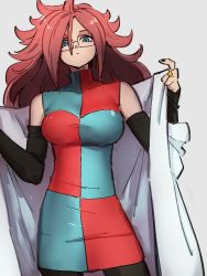 Rule 34 | 1girl, android 21, blue eyes, breasts, checkered clothes, checkered dress, closed mouth, dragon ball, dragon ball fighterz, dress, grey background, hair between eyes, kemachiku, lab coat, long hair, looking at viewer, medium breasts, red hair, simple background, solo