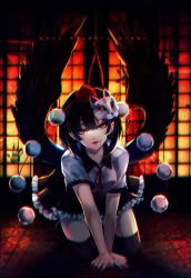 Rule 34 | 1girl, all fours, backlighting, bird wings, black hair, black skirt, black thighhighs, black wings, blood, blood from mouth, chromatic aberration, eyebrows hidden by hair, fox mask, hat, highres, indoors, kyogoku-uru, looking at viewer, mask, mask on head, noose, pom pom (clothes), red eyes, ribbon, shameimaru aya, shirt, short hair, short sleeves, skirt, solo, thighhighs, tokin hat, touhou, white shirt, wings