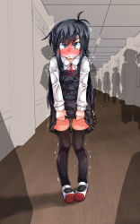Rule 34 | 1girl, angry, asashio (kancolle), belt, black dress, black hair, black thighhighs, blue eyes, blush, buttons, clenched teeth, collared shirt, dress, dress tug, embarrassed, female focus, flat chest, full-face blush, full body, hallway, have to pee, highres, indoors, kantai collection, long hair, long sleeves, looking at viewer, narumiya (narumiya), neck ribbon, pigeon-toed, pinafore dress, red footwear, red ribbon, ribbon, school uniform, shirt, shoes, sidelocks, silhouette, sleeveless, sleeveless dress, solo focus, standing, straight-on, tears, teeth, textless version, thighhighs, trembling, v-shaped eyebrows, white shirt, zettai ryouiki