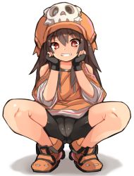 Rule 34 | 1girl, bike shorts, black hair, bright pupils, clothing cutout, crotch seam, female focus, fingerless gloves, full body, gloves, grin, guilty gear, guilty gear strive, hat, karukan (monjya), long hair, looking at viewer, may (guilty gear), orange footwear, orange hat, red eyes, shoes, shoulder cutout, simple background, smile, solo, squatting, white background, white pupils