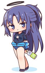 Rule 34 | 1girl, black footwear, black shirt, blue archive, blue buruma, blue eyes, blue jacket, blush, bottle, breasts, buruma, chibi, closed mouth, colored shadow, commentary request, full body, halo, hana kazari, highres, holding, holding bottle, jacket, lanyard, long hair, long sleeves, looking at viewer, off shoulder, open clothes, open jacket, parted bangs, ponytail, puffy long sleeves, puffy sleeves, purple hair, shadow, shirt, shoes, simple background, small breasts, smile, solo, standing, track jacket, very long hair, water bottle, white background, yuuka (blue archive), yuuka (track) (blue archive)