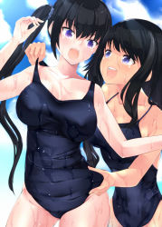 Rule 34 | 2girls, amasora taichi, belly grab, black hair, blue eyes, blush, breasts, cloud, day, large breasts, long hair, multiple girls, one-piece swimsuit, open mouth, original, purple eyes, school swimsuit, sky, swimsuit, twintails, weight conscious, wet