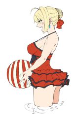 Rule 34 | 10s, 1girl, :d, ball, beachball, blonde hair, bow, braid, breasts, earrings, fate/extra, fate (series), flat color, french braid, from side, green eyes, hair bow, hair bun, hair intakes, jewelry, large breasts, michihasu, nero claudius (fate), nero claudius (fate) (all), nero claudius (fate/extra), official alternate costume, one-piece swimsuit, open mouth, profile, red bow, red one-piece swimsuit, sideboob, sidelocks, simple background, single hair bun, smile, solo, swimsuit, thighs, wading, white background