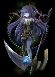 Rule 34 | 1girl, abfbfygo, android, bare shoulders, closed eyes, duel monster, elbow gloves, full body, galatea the orcust automaton, gloves, highres, holding, holding scythe, ib (yu-gi-oh!), one side up, purple hair, scythe, single thighhigh, smile, solo, thighhighs, twitter username, watermark, yu-gi-oh!
