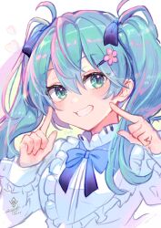 Rule 34 | 1girl, alternate costume, aqua eyes, aqua hair, black ribbon, blue bow, blue bowtie, blush, bow, bowtie, commentary, dated, grin, hair between eyes, hair ornament, hair ribbon, hairclip, hand up, hatsune miku, heart, highres, index fingers raised, long hair, long sleeves, looking at viewer, miku day, nixtutyannh, ribbon, shirt, signature, simple background, smile, solo, twintails, upper body, vocaloid, white shirt