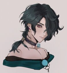 Rule 34 | 1boy, black hair, closed mouth, earrings, grey background, hair over one eye, highres, hwei (league of legends), jewelry, league of legends, long hair, looking at viewer, male focus, ponytail, purple eyes, simple background, solo, swept bangs, upper body, zeidan