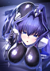 Rule 34 | 1girl, armor, ass, blue eyes, blue hair, bodysuit, breasts, fortified suit, iro ame (amewaagada), large breasts, latex, latex bodysuit, light particles, long hair, looking at viewer, mitsurugi meiya, muv-luv, muv-luv alternative, no shoes, pilot suit, ponytail, shiny clothes, skin tight, soles, solo, sparkle