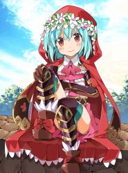 Rule 34 | 10s, 1girl, armor, armored dress, blue hair, blush, boots, character request, cloak, dress, head wreath, highres, monster strike, red eyes, red hood, red ribbon, ribbon, smile, solo, tantan men (dragon)