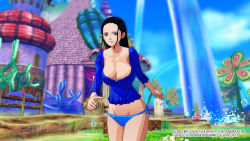 Rule 34 | 1girl, bikini, bikini bottom only, black hair, blue bikini, blue eyes, blue shirt, blue sky, breasts, cleavage, cloud, cloudy sky, collarbone, cowboy shot, hair slicked back, large breasts, long hair, long sleeves, looking to the side, midriff, navel, nico robin, one piece, one piece unlimited world red, outdoors, revealing clothes, shirt, sky, sweater, swimsuit