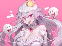 Rule 34 | 1girl, bare shoulders, blush, boo (mario), breasts, cleavage, commentary, crown, earrings, eyeshadow, floating, frills, gem, ghost, gloves, grey hair, hair between eyes, hands on own chest, hands up, heart, heart-shaped pupils, heart of string, jewelry, large breasts, long hair, looking at viewer, luigi&#039;s mansion, makeup, mario (series), neck garter, new super mario bros. u deluxe, nintendo, pink background, pointy ears, princess king boo, ruhee, sharp teeth, simple background, smile, strapless, super crown, symbol-only commentary, symbol-shaped pupils, teeth, tongue, tongue out, upper teeth only, very long hair, white gloves
