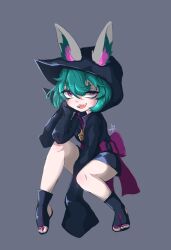 Rule 34 | 1girl, :d, black footwear, black hoodie, black shorts, bow, ears through headwear, fang, green hair, grey background, hair between eyes, hand up, highres, hood, hood up, hoodie, invisible chair, league of legends, nejyu, open mouth, pink eyes, purple bow, shorts, simple background, sitting, sleeves past fingers, sleeves past wrists, smile, solo, teeth, toeless footwear, upper teeth only, vex (league of legends)
