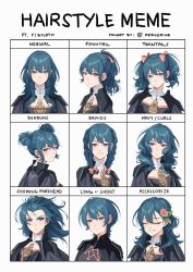 Rule 34 | 1girl, aequorine, blush, braid, byleth (female) (fire emblem), byleth (fire emblem), cape, double bun, english text, female focus, fire emblem, fire emblem: three houses, flower, forehead, green eyes, green hair, hair bun, hair flower, hair ornament, highres, long hair, looking at viewer, multiple views, nintendo, plant, ponytail, short hair, smile, twin braids, twintails, upper body, wavy hair, white background