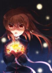 Rule 34 | 1girl, ahoge, black background, black jacket, commentary request, darkness, eyebrows hidden by hair, floating hair, hair between eyes, holding, holding ribbon, jacket, kusarukusa, light particles, little busters!, long hair, long ribbon, long sleeves, looking at viewer, natsume rin, open mouth, own hands together, red eyes, red ribbon, ribbon, school uniform, sidelocks, simple background, solo, spoilers, straight-on, upper body, v-shaped eyebrows, very long hair