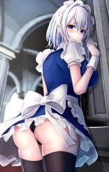Rule 34 | 1girl, 7saki, apron, ass, back, back bow, bad id, bad twitter id, black panties, black thighhighs, blue dress, blue eyes, blurry, blurry background, blush, bow, braid, breasts, carpet, closed mouth, commentary request, door, dress, embarrassed, frills, from behind, grey apron, grey hair, hair between eyes, hands up, highres, indoors, izayoi sakuya, looking at viewer, looking back, looking down, maid, maid headdress, mansion, medium breasts, panties, pantyshot, puffy short sleeves, puffy sleeves, scarlet devil mansion, shirt, short hair, short sleeves, solo, standing, teeth, thighhighs, touhou, twin braids, underwear, white bow, white shirt, wrist cuffs