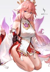 Rule 34 | 1girl, a-by, absurdres, animal ears, bad id, bad pixiv id, breasts, commentary request, dated, detached sleeves, earrings, fox ears, fox girl, fox shadow puppet, fox tail, genshin impact, hair between eyes, hair ornament, highres, japanese clothes, jewelry, kitsune, kyuubi, long hair, long sleeves, looking at viewer, low-tied long hair, multiple tails, nontraditional miko, parted lips, pink hair, purple eyes, ribbon-trimmed sleeves, ribbon trim, seiza, sideboob, sidelocks, signature, simple background, sitting, smile, solo, tail, vision (genshin impact), wide sleeves, yae miko