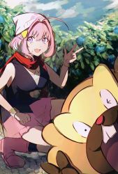 Rule 34 | 1girl, ahoge, bare shoulders, beanie, bibarel, blue flower, blurry, blurry background, boots, breasts, buck teeth, cosplay, creatures (company), dawn (pokemon) (cosplay), day, fang, flower, game freak, gen 4 pokemon, hair intakes, hair ornament, hamachamu, hand up, hat, highres, idolmaster, idolmaster cinderella girls, large breasts, looking at viewer, multicolored hair, nintendo, open mouth, outdoors, pink eyes, pink footwear, pink hair, pokemon, pokemon dppt, raised eyebrows, red scarf, scarf, skin fang, sleeveless, squatting, teeth, thighs, two-tone hair, w, white headwear, yumemi riamu