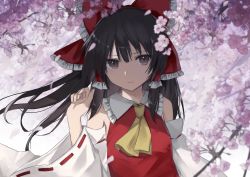 Rule 34 | 1girl, ascot, bad hands, bare shoulders, black hair, bow, brown eyes, cherry blossoms, commentary request, detached sleeves, artistic error, extra digits, frilled bow, frilled shirt collar, frills, hair bow, hair tubes, hakurei reimu, hand up, highres, light smile, long hair, long sleeves, looking at viewer, petals, red bow, sidelocks, solo, thkani, touhou, upper body, wide sleeves, yellow ascot