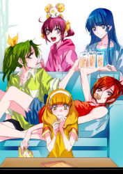 Rule 34 | 10s, 5girls, aoki reika, blonde hair, blue hair, blue upholstery, blush, bow, candy (smile precure!), couch, female focus, glass, green eyes, green shirt, hairband, hino akane (smile precure!), hoshizora miyuki, kise yayoi, long hair, looking at viewer, midorikawa nao, multiple girls, open mouth, pink bow, ponytail, precure, red hair, shirt, short hair, sitting, sitting on person, skirt, sleeves rolled up, smile, smile precure!, tima, tray, white hairband