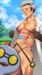 Rule 34 | 1boy, abs, bara, bare pectorals, black gloves, black hair, blush, cloud, coat, convenient censoring, creatures (company), day, erection, eyewear on head, game freak, gimmighoul, gimmighoul (roaming), glasses, gloves, grey hair, highres, lab coat, large pectorals, male focus, multicolored hair, muscular, muscular male, naked coat, navel, nintendo, nipples, open clothes, open mouth, outdoors, pectorals, penis, pokemon, pokemon go, short hair, sky, smile, solo, thick thighs, thighs, two-tone hair, white coat, willow (pokemon), zink (zink mchn)