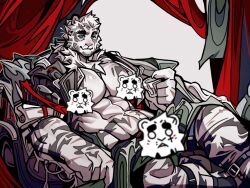 Rule 34 | 1boy, abs, arknights, bara, censored, character censor, cup, feet out of frame, furry, furry male, gu tou bu he gu tou tang, holding, holding cup, large hands, large pectorals, looking at viewer, male focus, mountain (arknights), muscular, muscular male, novelty censor, pectoral cleavage, pectorals, scar, scar across eye, short hair, sitting, smile, solo, thick eyebrows