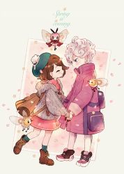 Rule 34 | 1boy, 1girl, backpack, bag, bede (pokemon), blush, bob cut, boots, brown bag, brown footwear, brown hair, buttons, cable knit, cardigan, closed eyes, closed mouth, coat, collared dress, commentary request, creatures (company), cutiefly, dress, eyelashes, from side, game freak, gen 7 pokemon, gloria (pokemon), green headwear, green legwear, grey cardigan, hand grab, hat, hooded cardigan, leggings, looking at another, nintendo, pink dress, pokemon, pokemon (creature), pokemon swsh, popped collar, purple coat, ribombee, shoes, short hair, smile, socks, standing, tam o&#039; shanter, zzzpani
