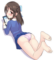Rule 34 | 1girl, :t, ass, bare legs, barefoot, blue bow, blue shirt, blue skirt, blush, bow, closed mouth, commentary request, embarrassed, feet, foreshortening, from behind, full body, hair bow, half updo, highres, holding, idolmaster, idolmaster cinderella girls, legs up, long hair, long sleeves, looking at viewer, looking back, lying, miniskirt, on stomach, panties, pantyshot, pink panties, pout, sakurano yukke, shirt, simple background, skirt, soles, solo, tablet pc, tachibana arisu, tareme, the pose, trefoil, underwear, upskirt, white background