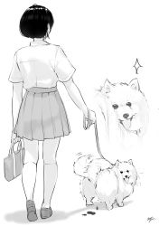 Rule 34 | 1girl, absurdres, dog, from behind, greyscale, highres, leash, monochrome, original, poop, school uniform, solo, takenoko no you