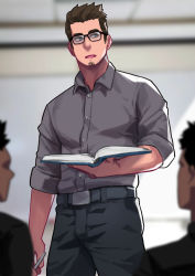 Rule 34 | 1boy, absurdres, bara, belt, book, commentary, facial hair, glasses, grey shirt, highres, holding, holding book, male focus, maorenc, mature male, muscular, muscular male, open mouth, original, pants, shirt, solo, stubble