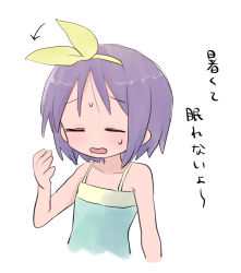 Rule 34 | 1girl, blush, closed eyes, expressive clothes, frown, hiiragi tsukasa, hot, lucky star, open mouth, purple hair, ri (qrcode), short hair, solo, sweat, tank top, translation request, wavy mouth